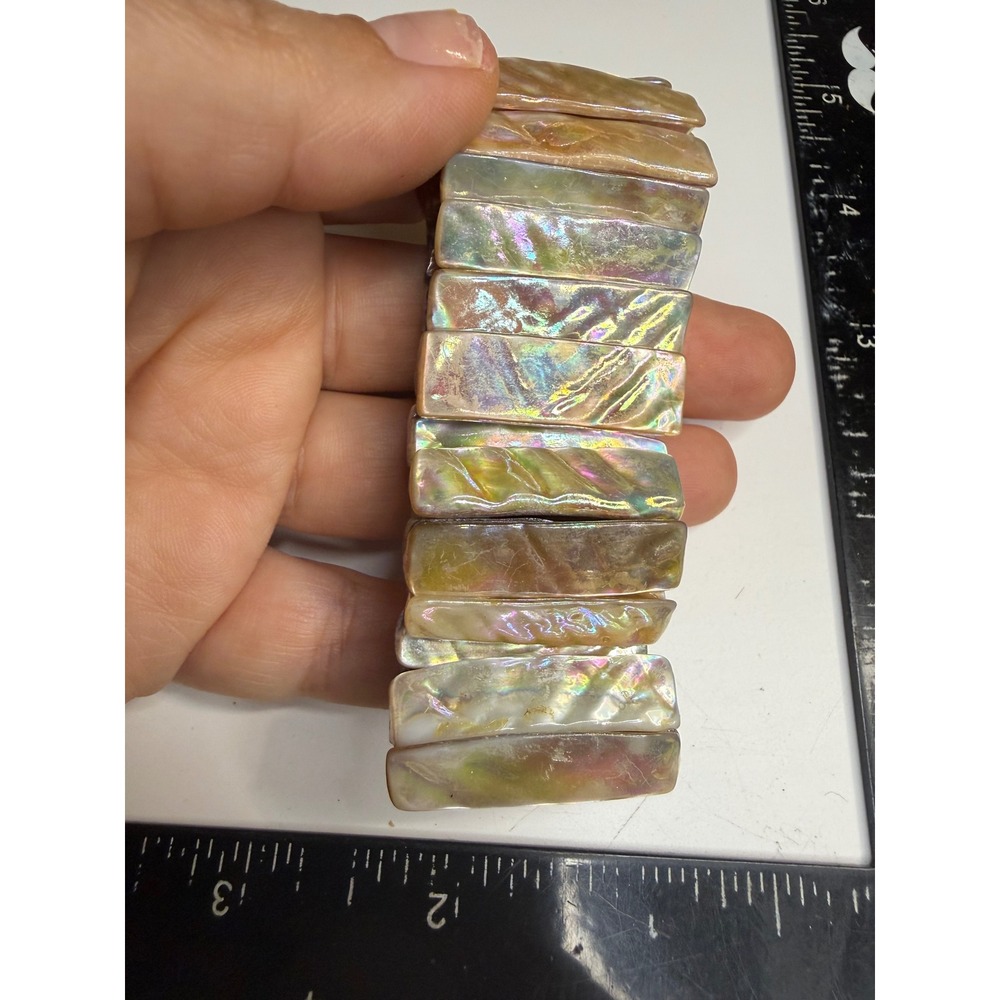 Iridescent Mother of Pearl Stretch Bracelet Abalone Shell Tile Elastic Cuff